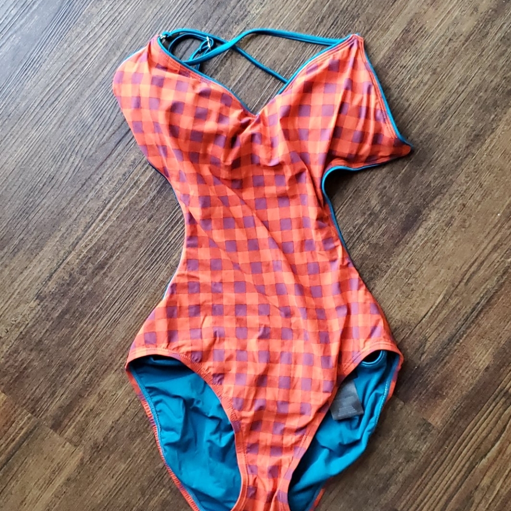 Marc By Marc Jacobs Orange Plaid One-Piece Swimsuit with Teal Trim